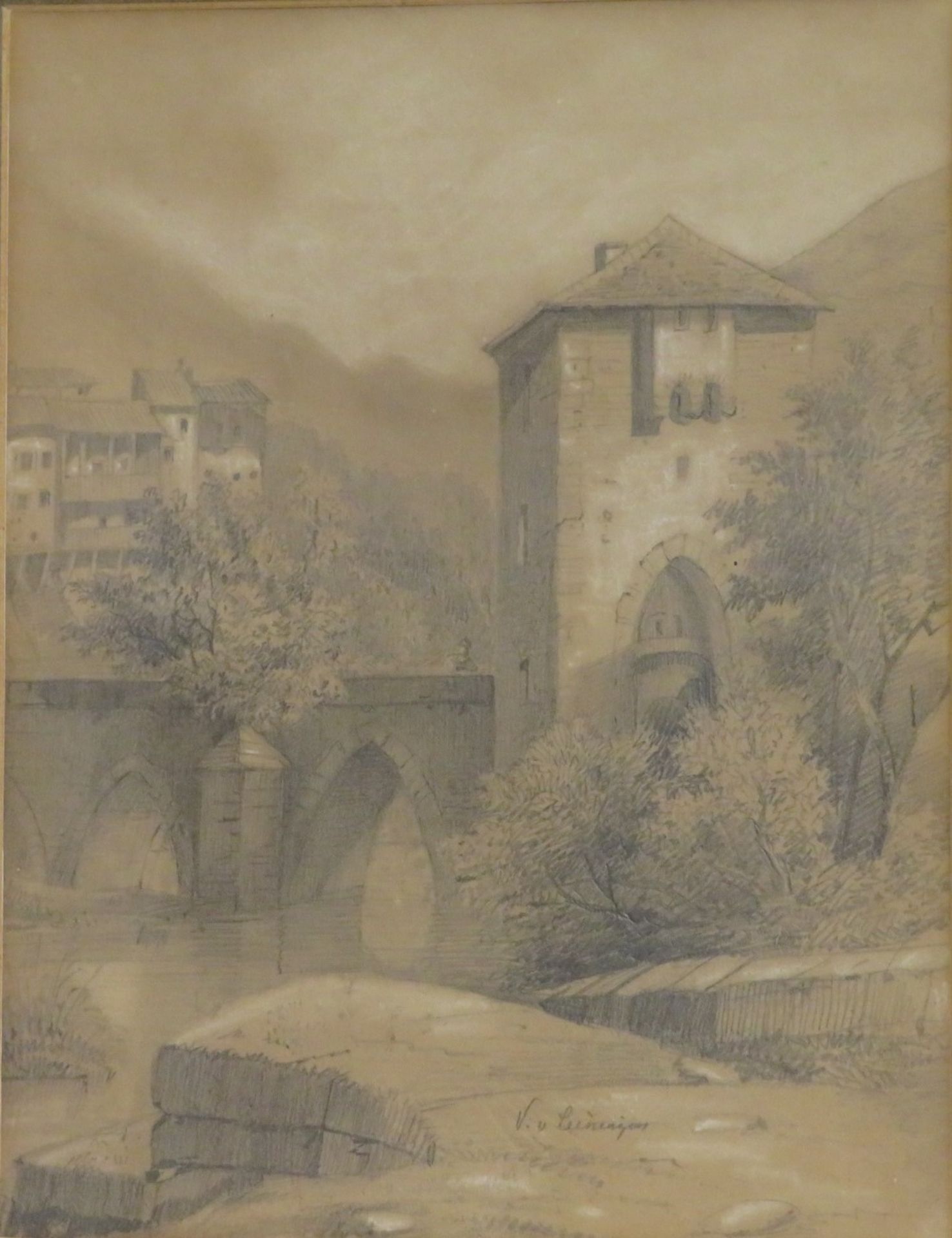 Leiningen, V. von, Biedermeier, um 1820/30, "Südliche Dorfansicht", mi.u.sign., Bleistift Weiß gehö