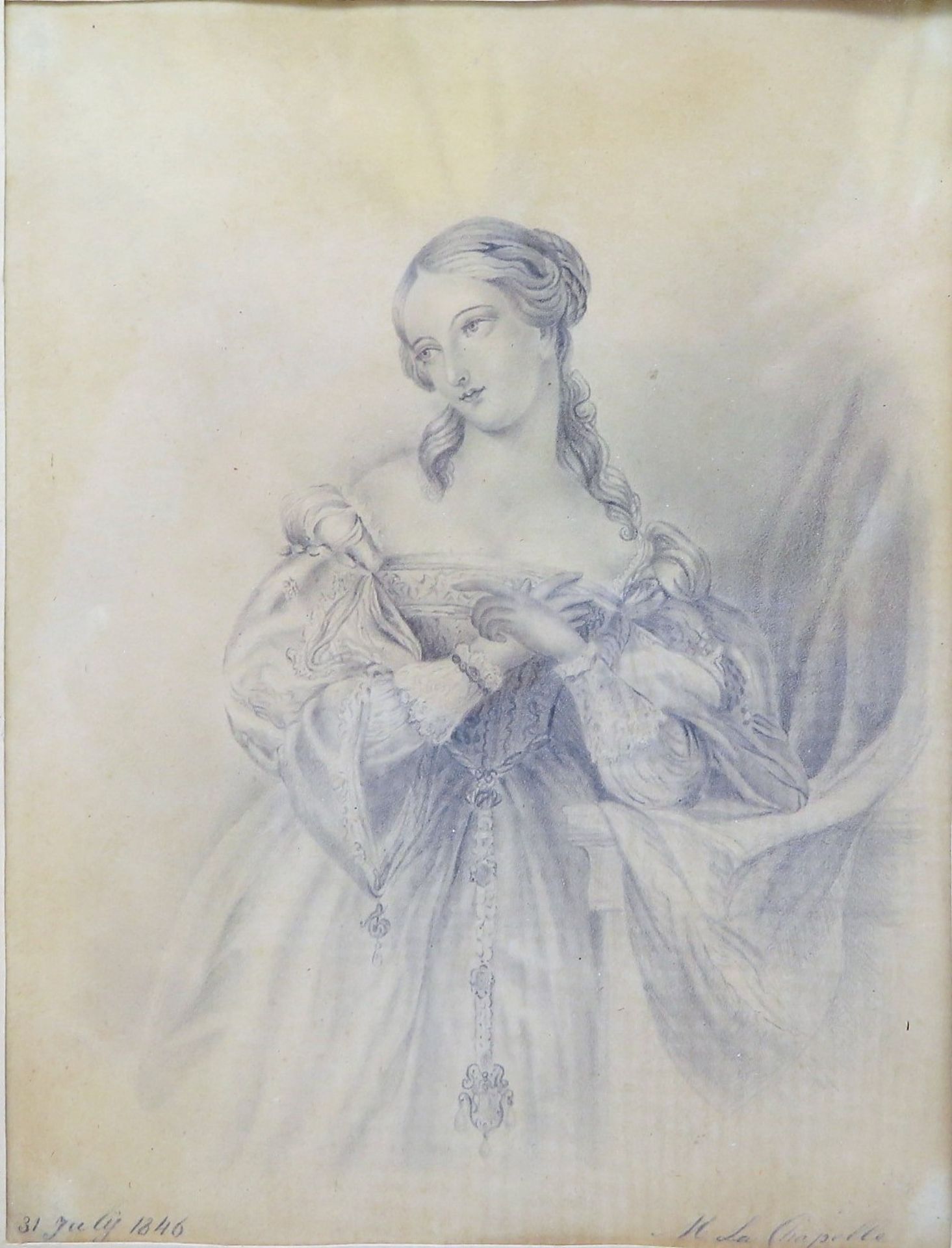 Chapelle, M. La, "Elegante Dame", re.u.sign.u.dat. 1846, Bleistiftzeichnung, 15,5 x 12 cm, Mahagoni