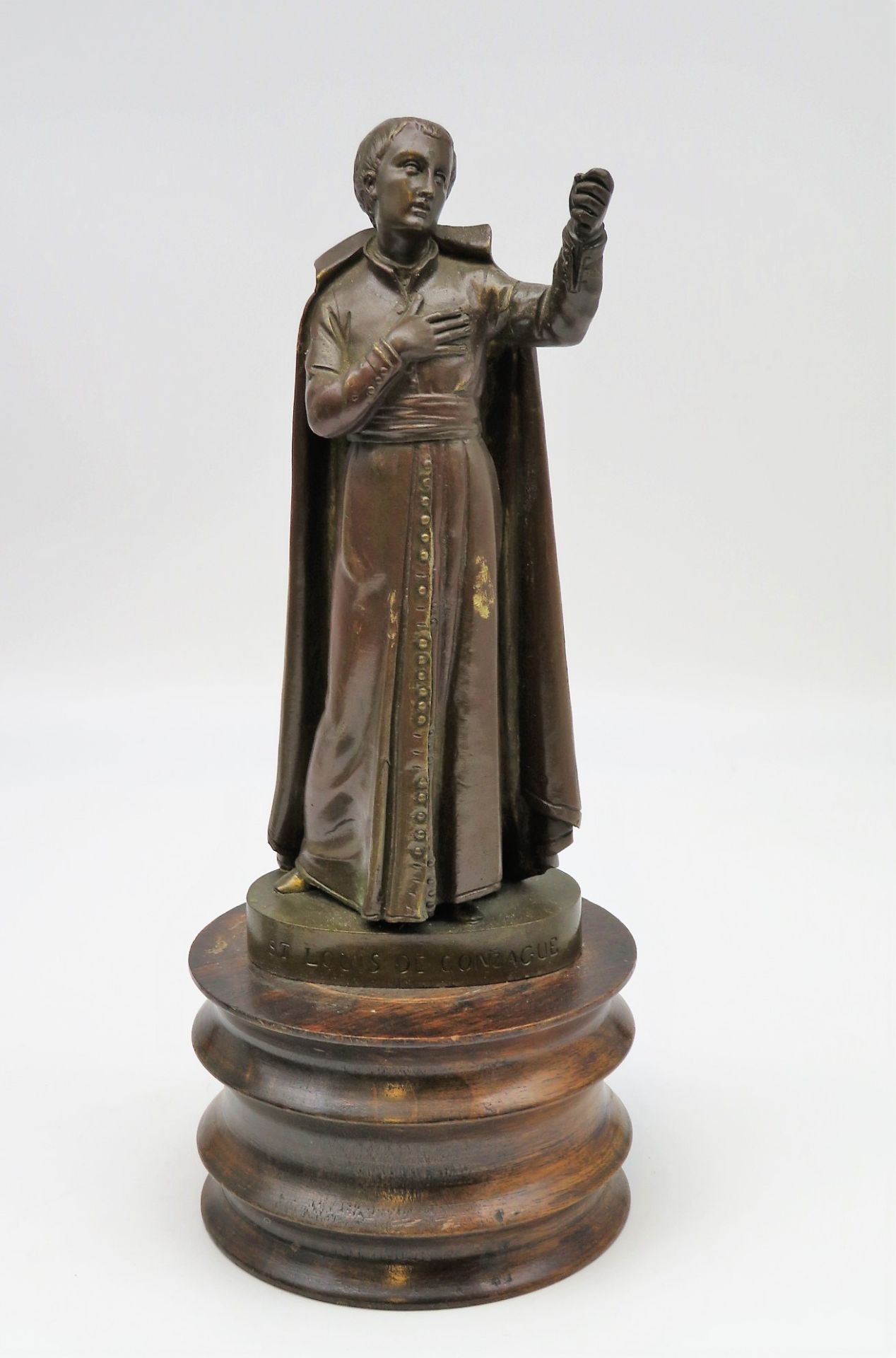 Heiligenfigur, Heiliger St. Louis de Gonzague, um 1900, Bronze, Holzsockel, h 29 cm, d 11 cm.
