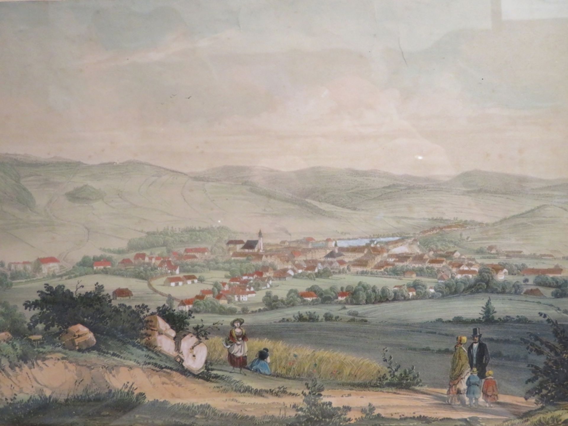 Biedermeier, Mitte 19. Jahrhundert, "Stadtansicht", Lithografie, handcol., 27 x 38 cm, R. [33 x 43 