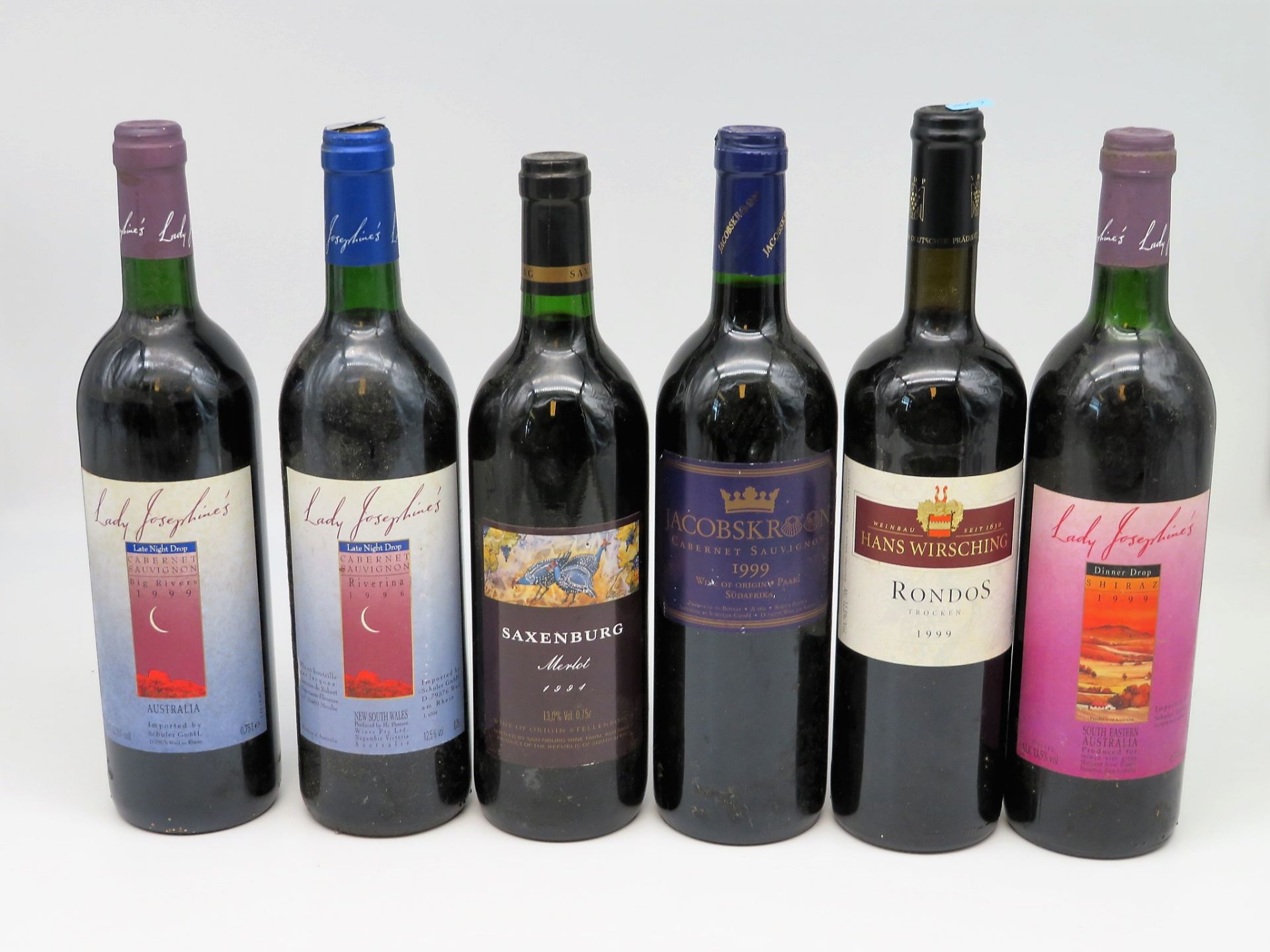 6 diverse Flaschen Rotwein, 4 x Jahrgang 1999, je 1 x Jahrgang 1994 und 1996, 0,75 Liter, diverse W