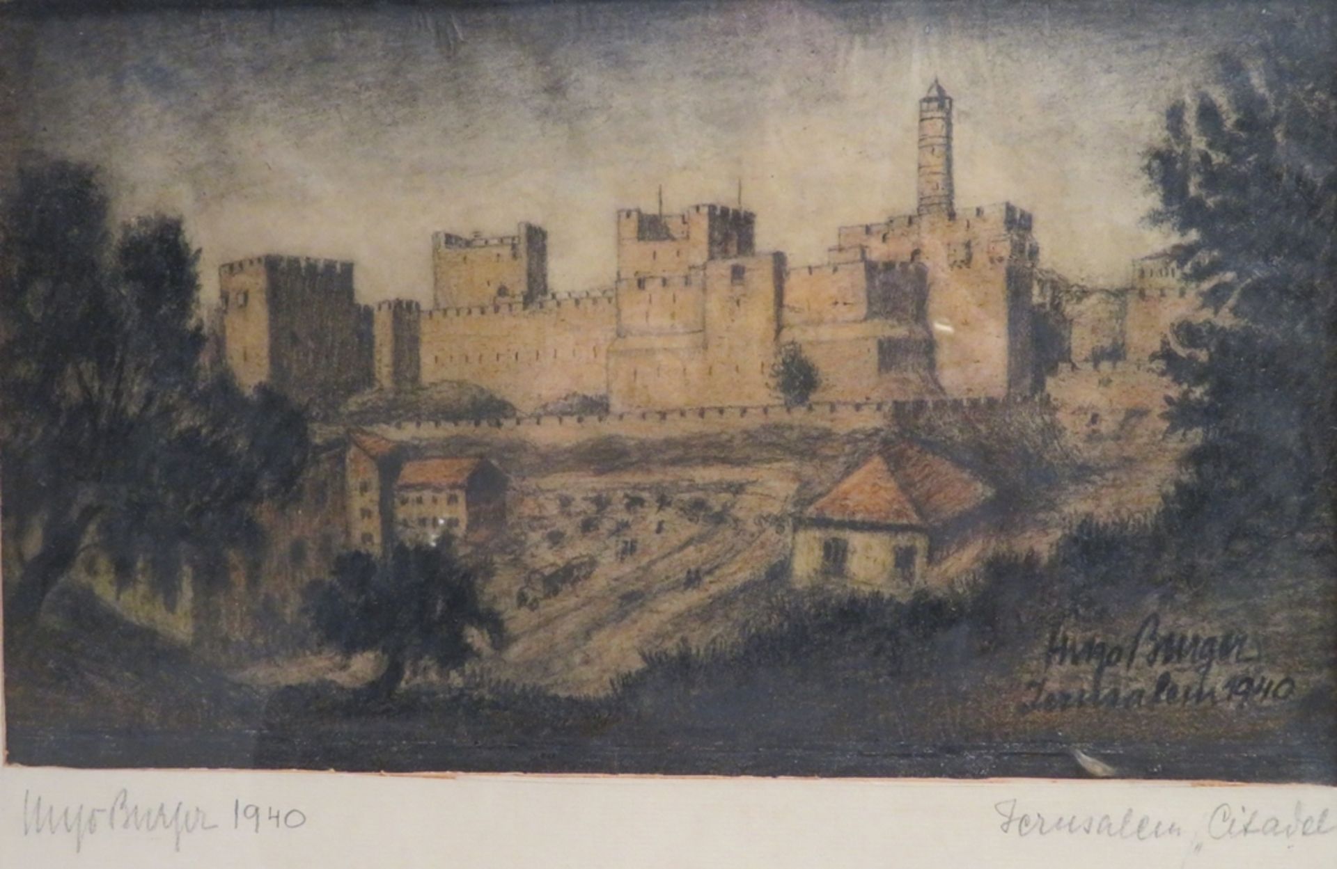 Burger, Hugo, "Zitadelle in Jerusalem", re.u.sign.u.dat. 1940, Kohle und Buntstift, 18 x 30,5 cm, R