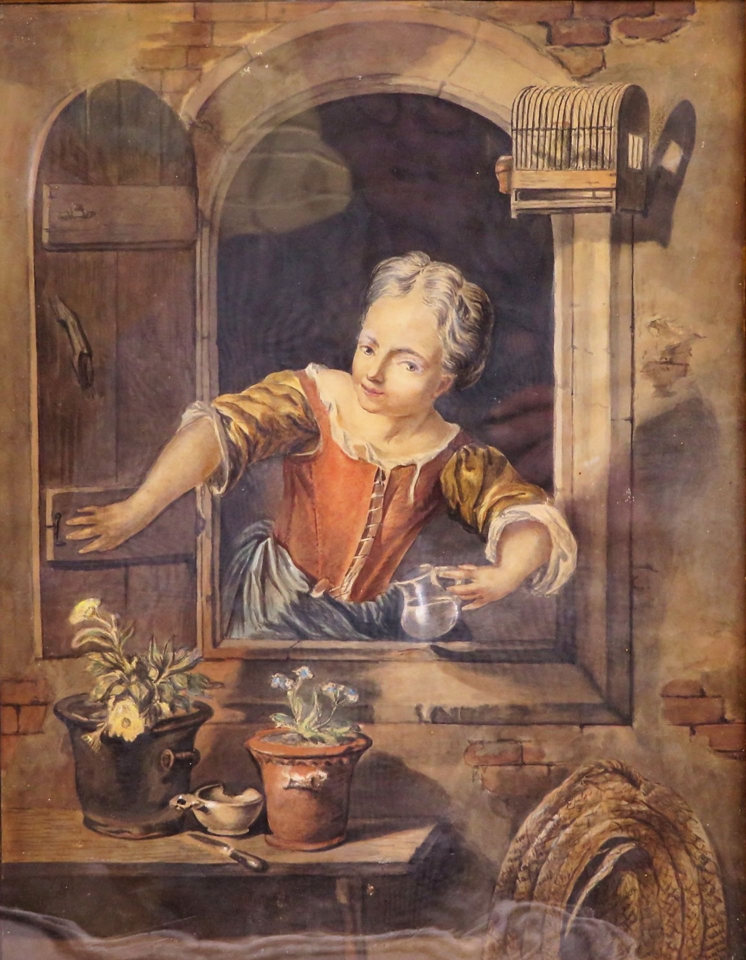 Unbekannt, um 1800, "Magd beim Blumen gießen am offenen Fenster", Aquarell, 27 x 21 cm, R. [35,5 x - Image 2 of 2