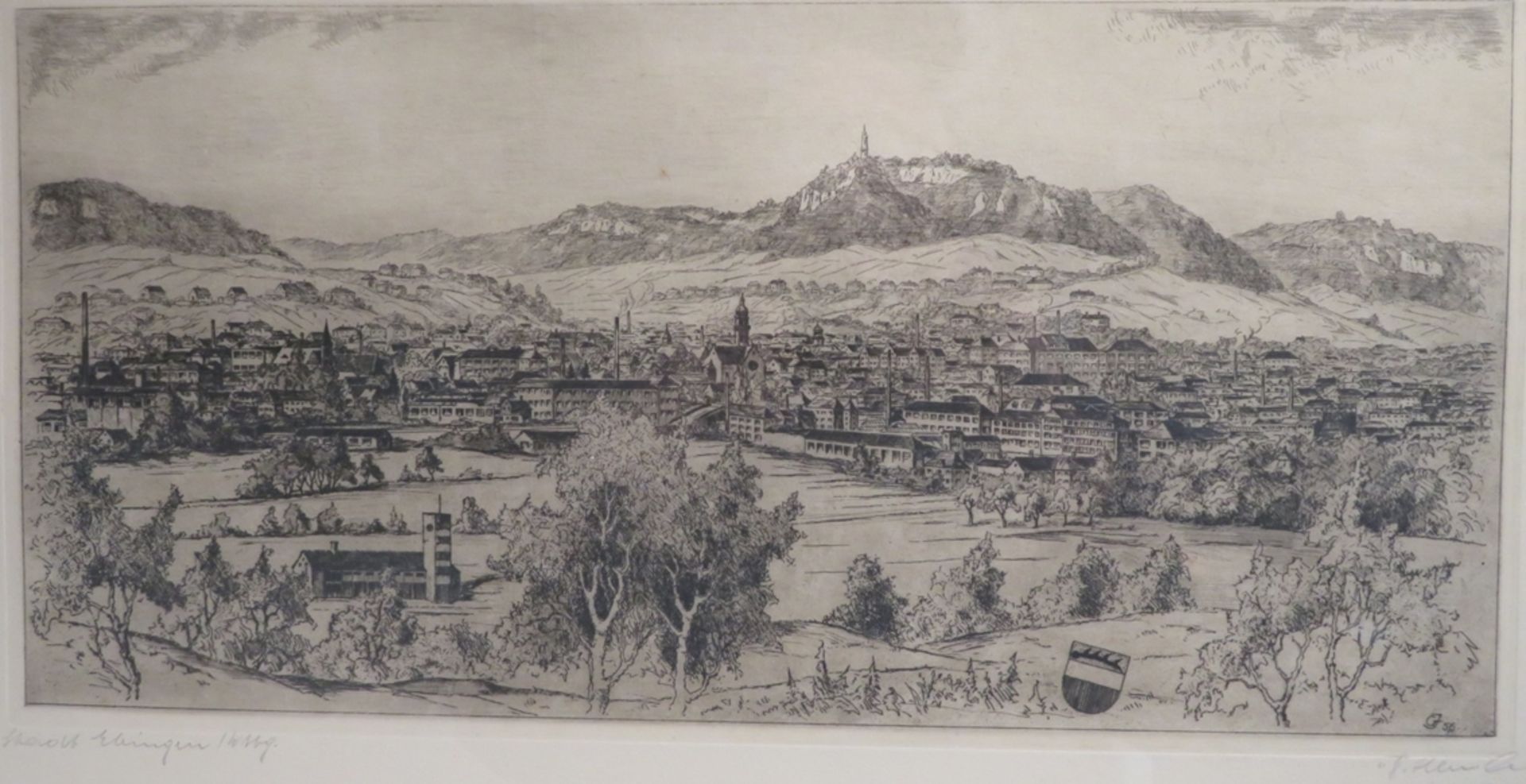 Unles.signiert. "Ansicht der Stadt Ebingen", Radierung, re.u.sign., 22 x 46,5 cm, R. [41 x 69 cm]