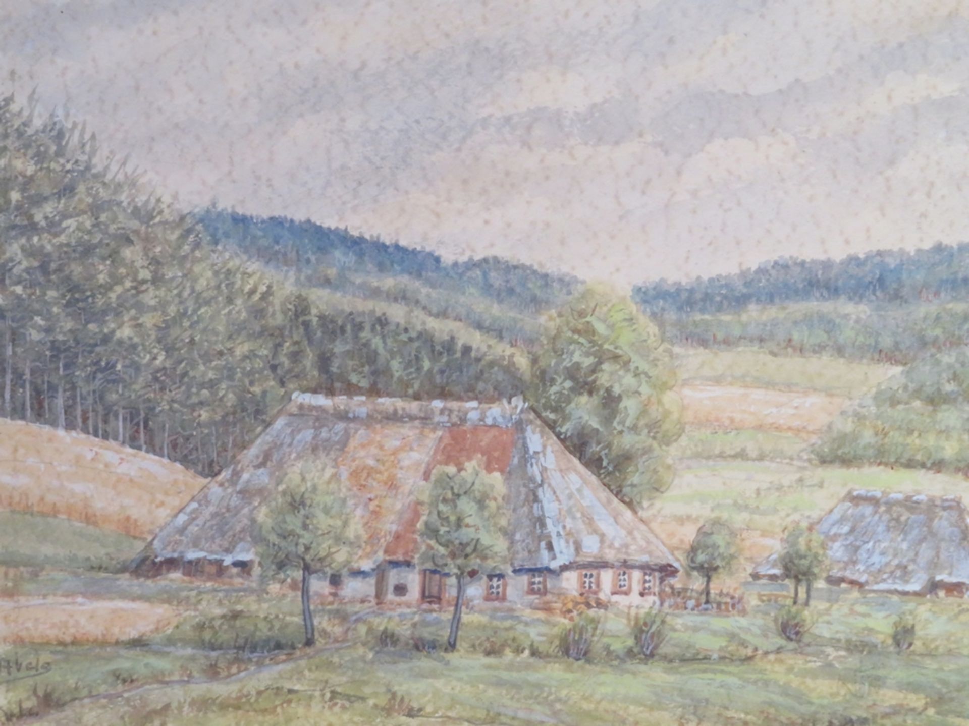 Abels, "Bauernhäuser am Waldrand", li.u.sign., Aquarell, 30 x 37 cm, R. [50 x 57 cm]