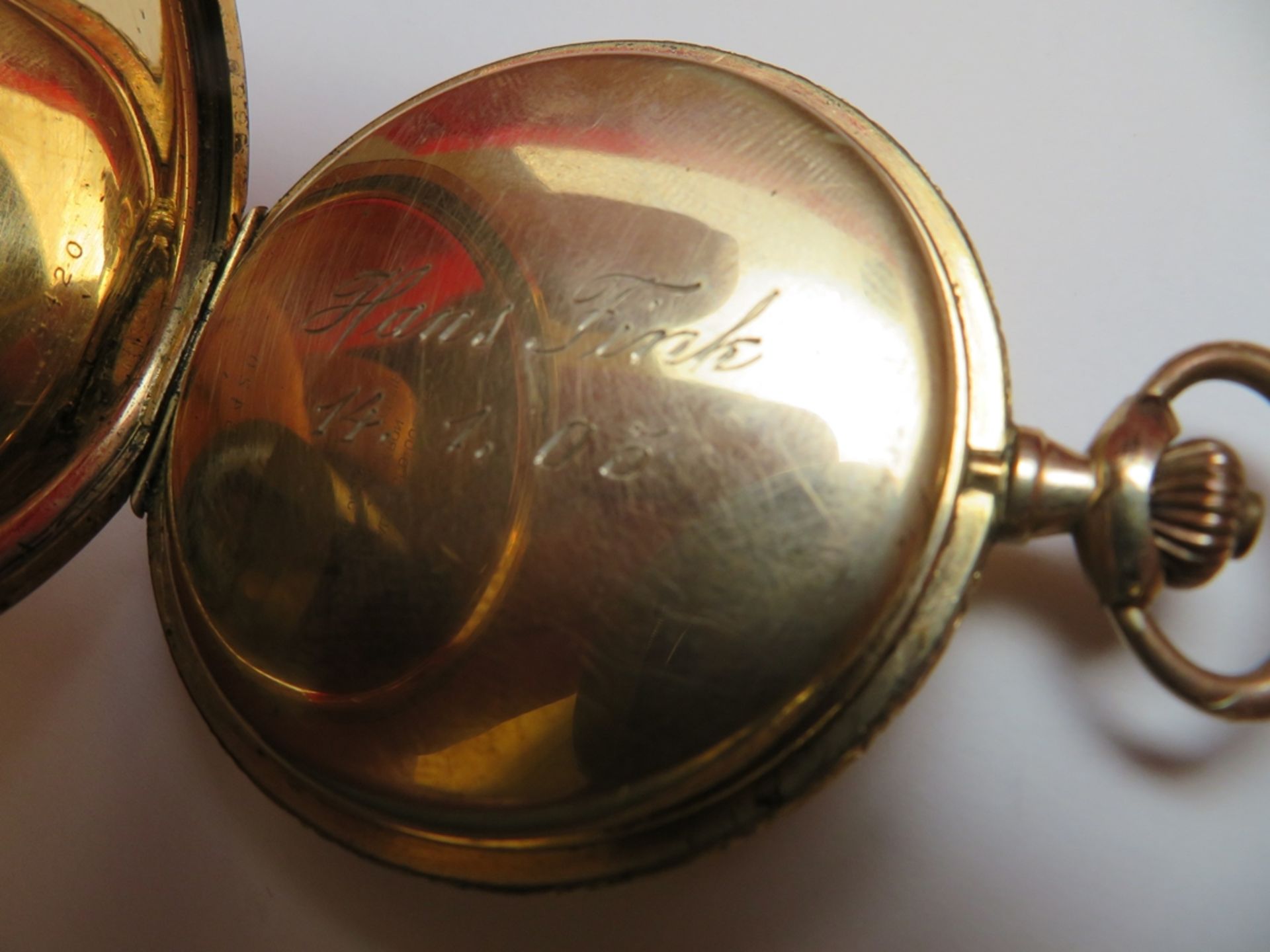 Sprungdeckeltaschenuhr, um 1900, 20 Micron vergoldet, Kronenaufzug, defekt, Glas fehlt, d 6,5 cm. - Bild 4 aus 4