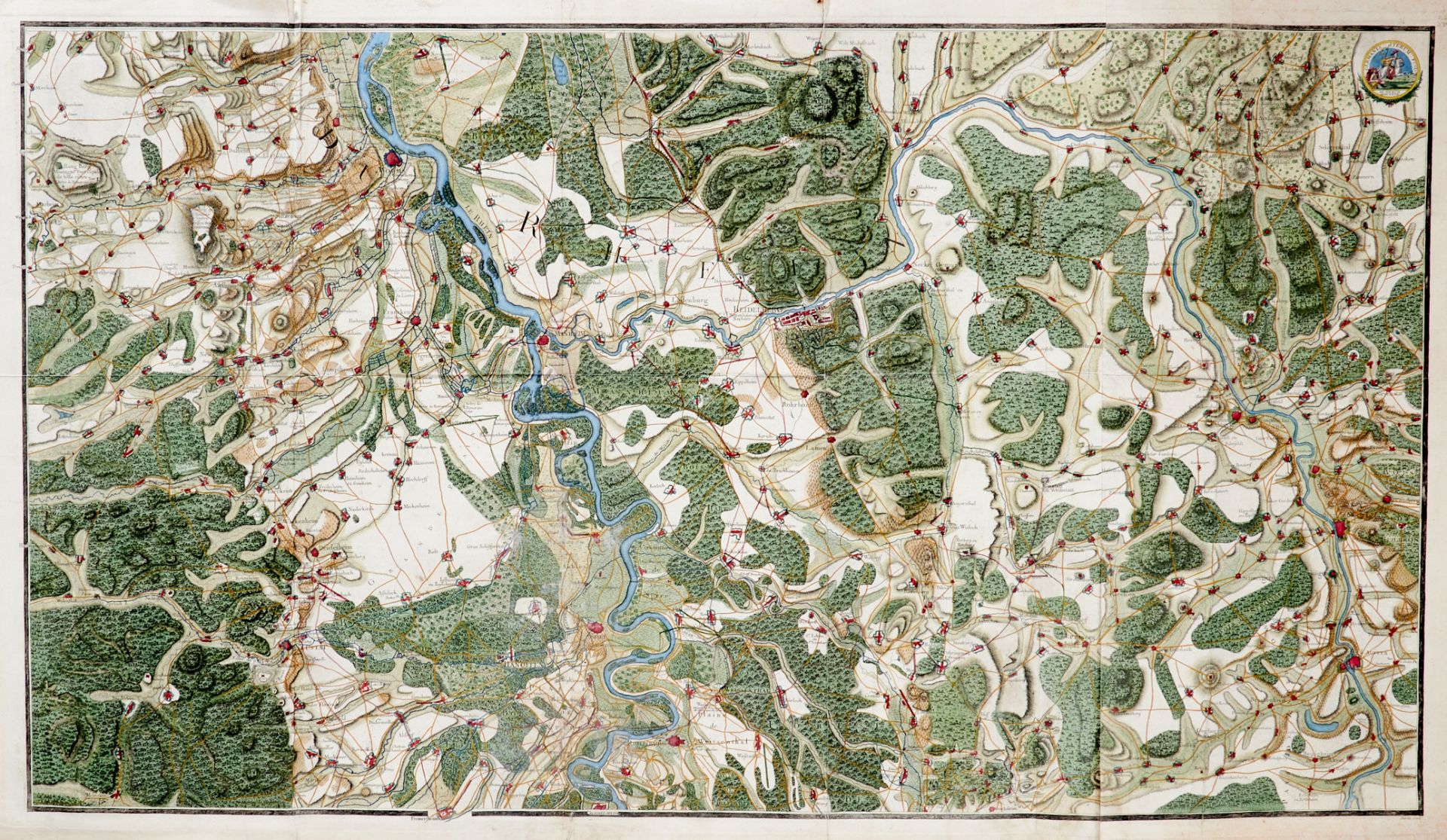 Mehrfach gefaltet, einige kleine Einrisse und Randläsuren, etw. fleckig und gebräunt. Dekorative