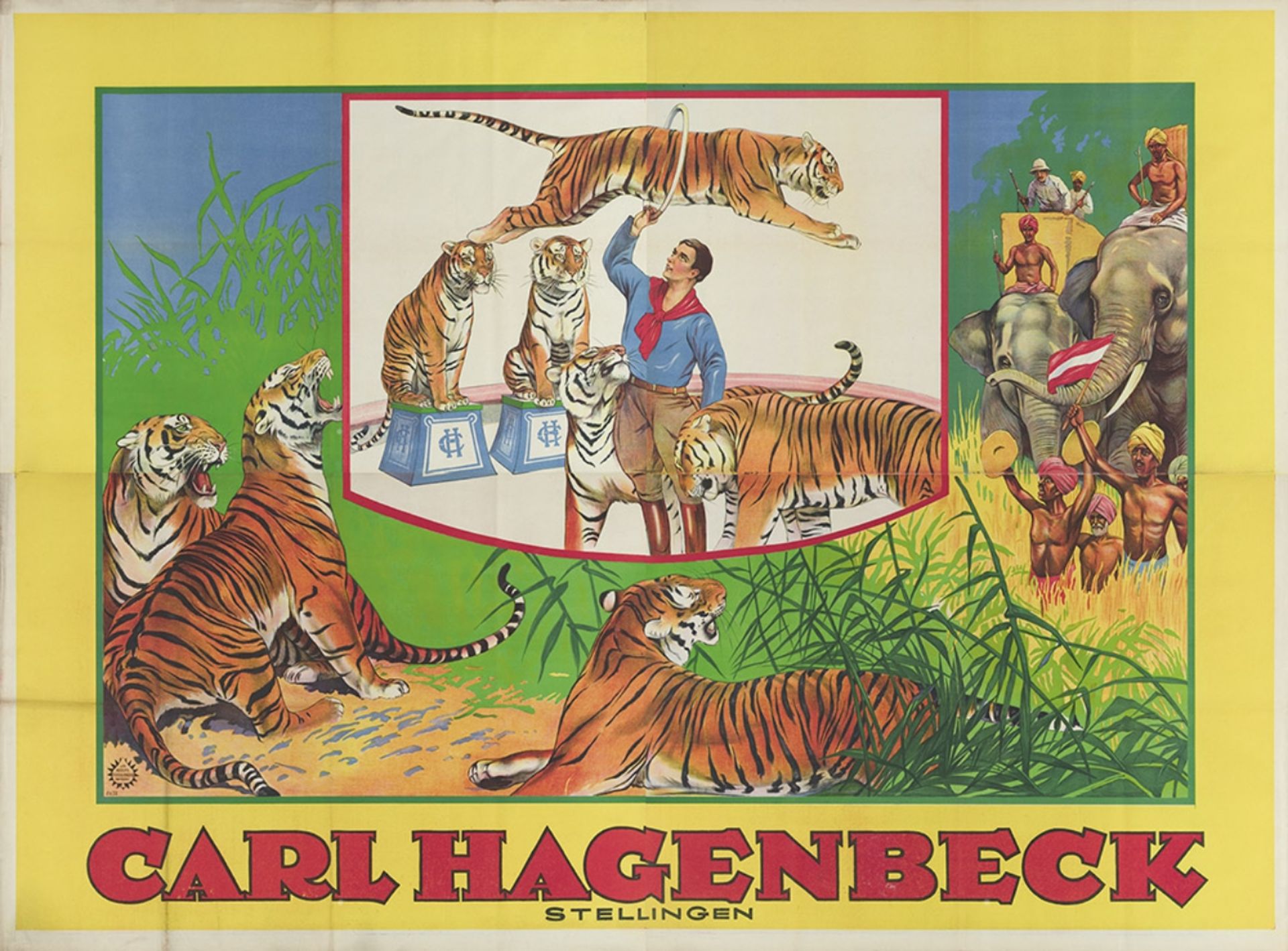 [Tigers/Elephants] Circus Hagenbeck. "Tiger jumping through a hoop" Friedländer, Hamburg, 1929