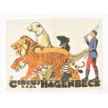 Circus Hagenbeck. Tamer with a tiger, lion, polar bear, and a black panther. Friedländer, 1920