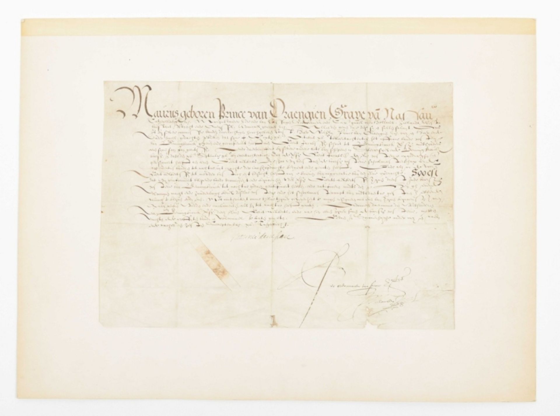 Prince Maurice of Orange (1567-1625). Manuscript document on vellum, 1590