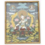 Thanka painting with central large deity surrounded by num. smaller deities