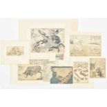 8 prints: Samurai on horsback fighting a man fallen on the ground