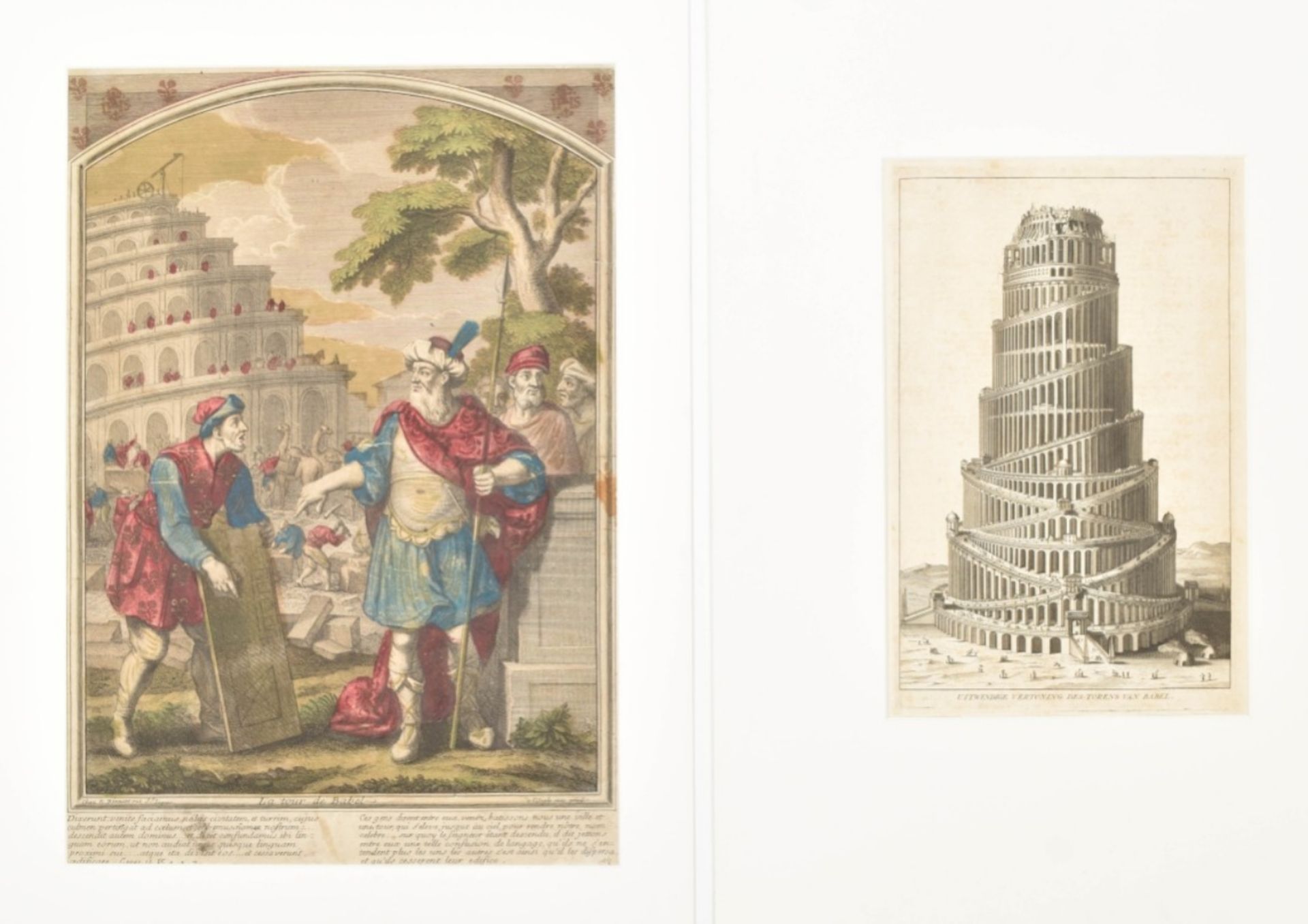 Two prints depicting the Tower of Babel: "La tour de Babel"