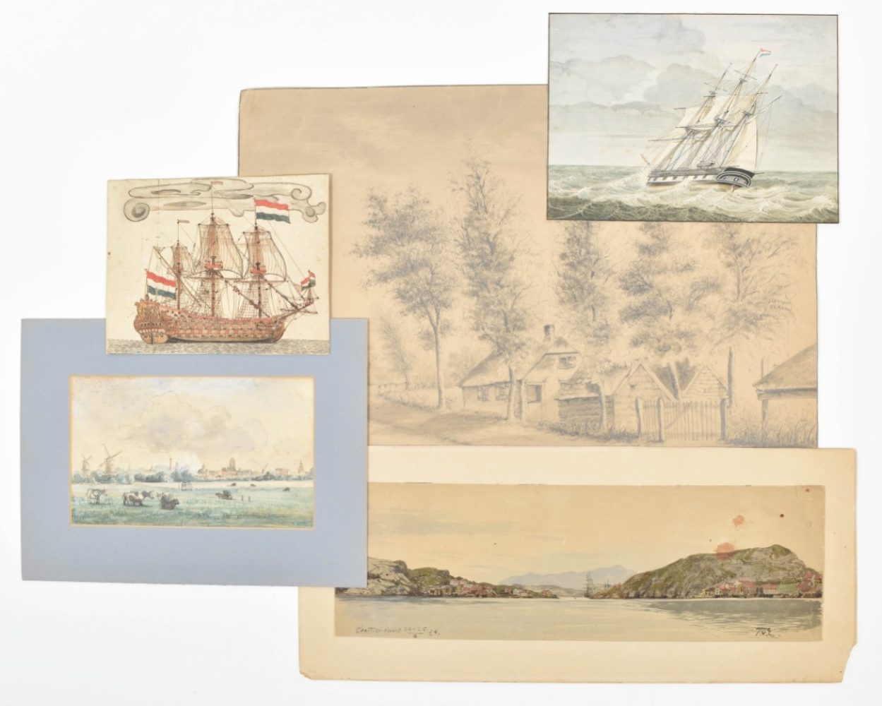 Five miscell. drawings: "View of a Dutch threemaster at sea"