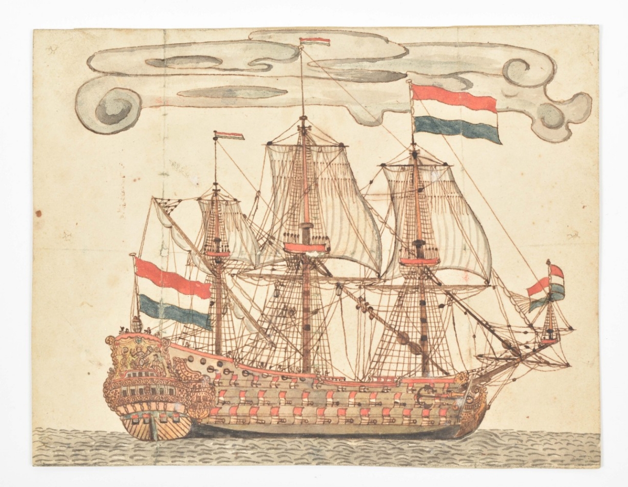 Five miscell. drawings: "View of a Dutch threemaster at sea" - Image 6 of 10