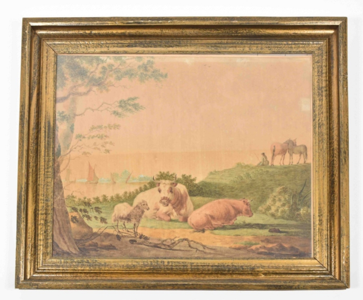 Jacob van Strij (1756-1815). "Landscape with cows and a sheep, a river in the background"