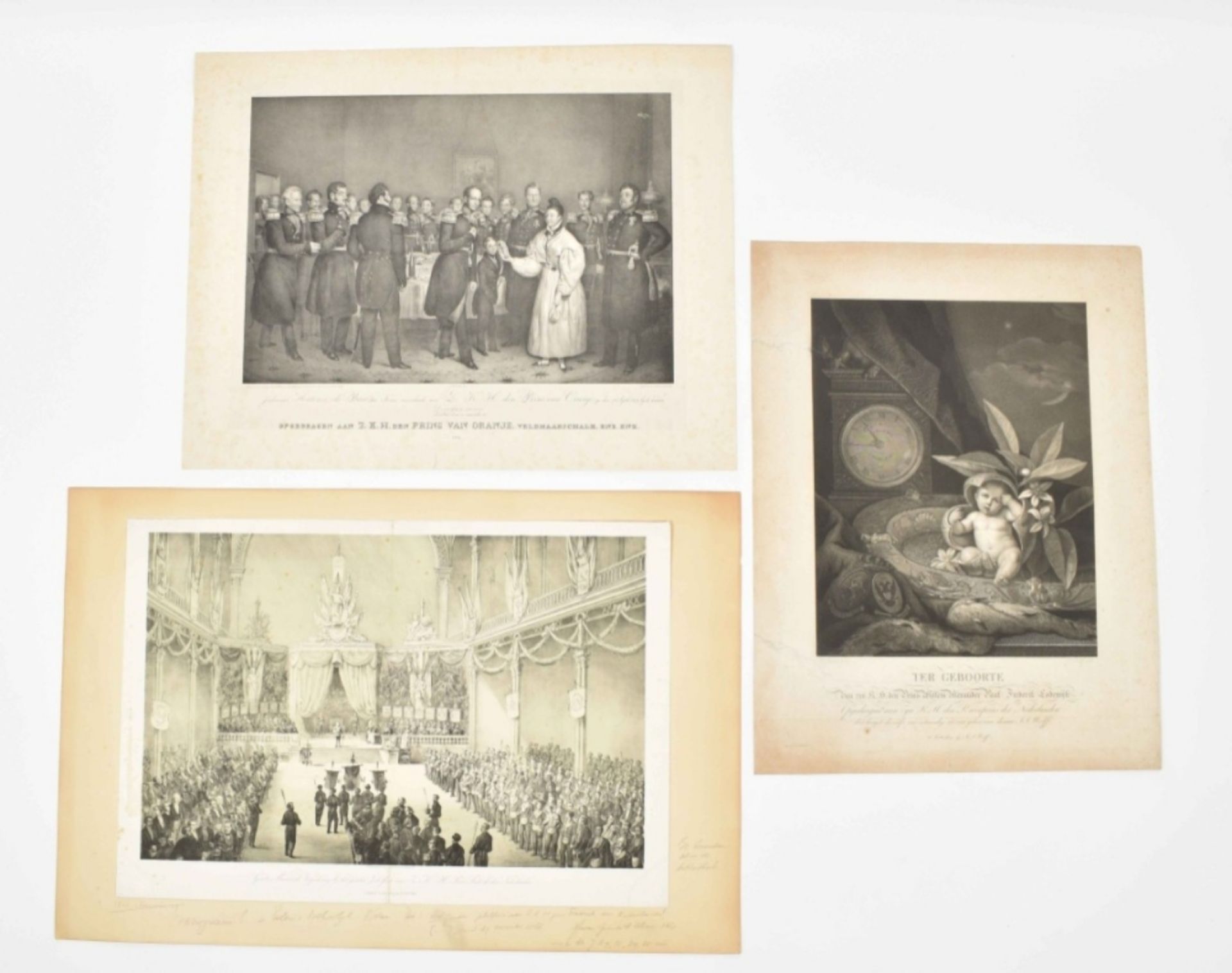 Three large historical prints: "Groote maçonnieke vergadering