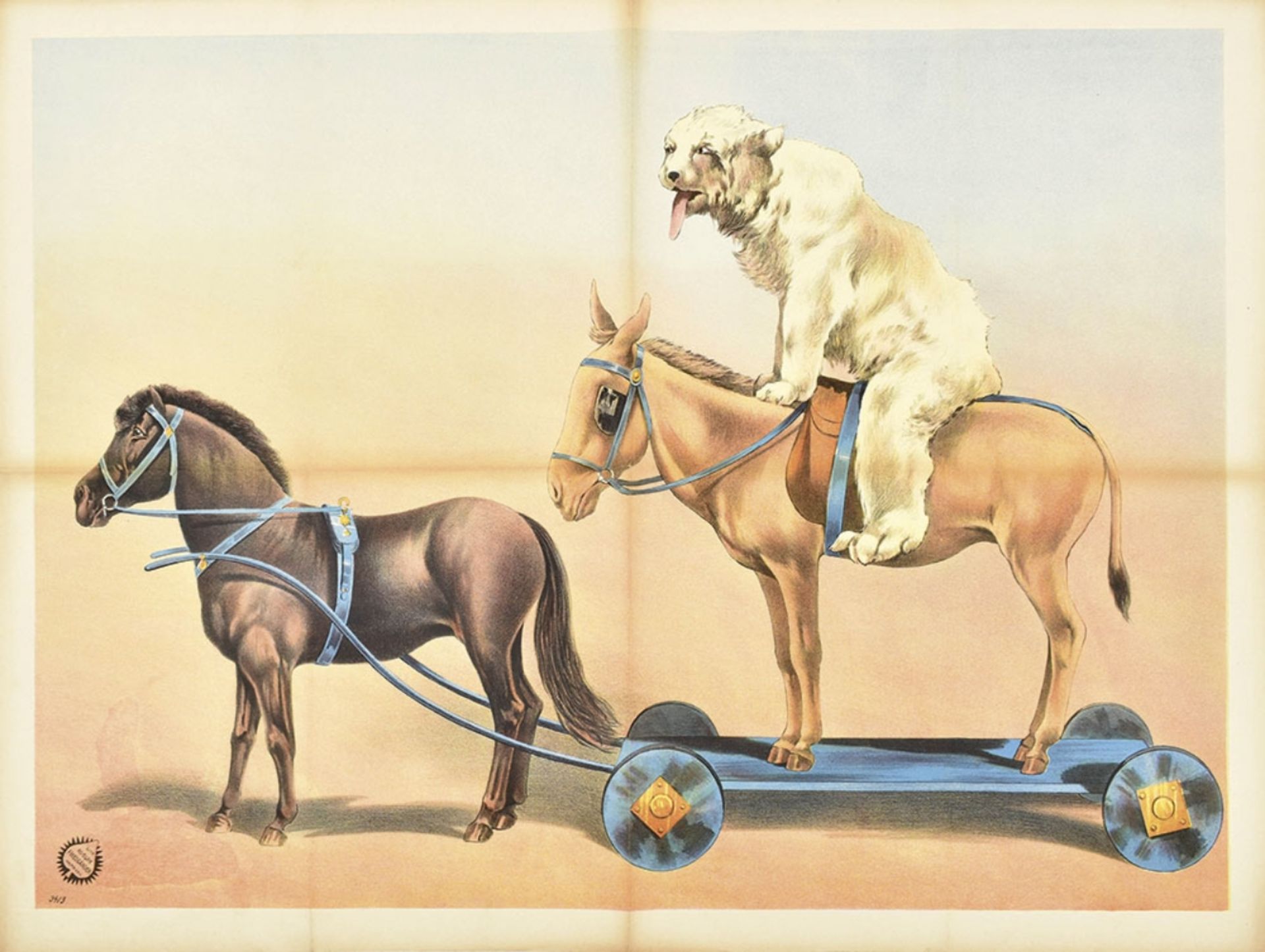 [Dogs. Donkeys. Horses] "Horse pulling cart with donkey carrying a bear"