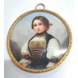Fine late 19thC unsigned circular miniature portrait of a young Swiss girl in traditional costume