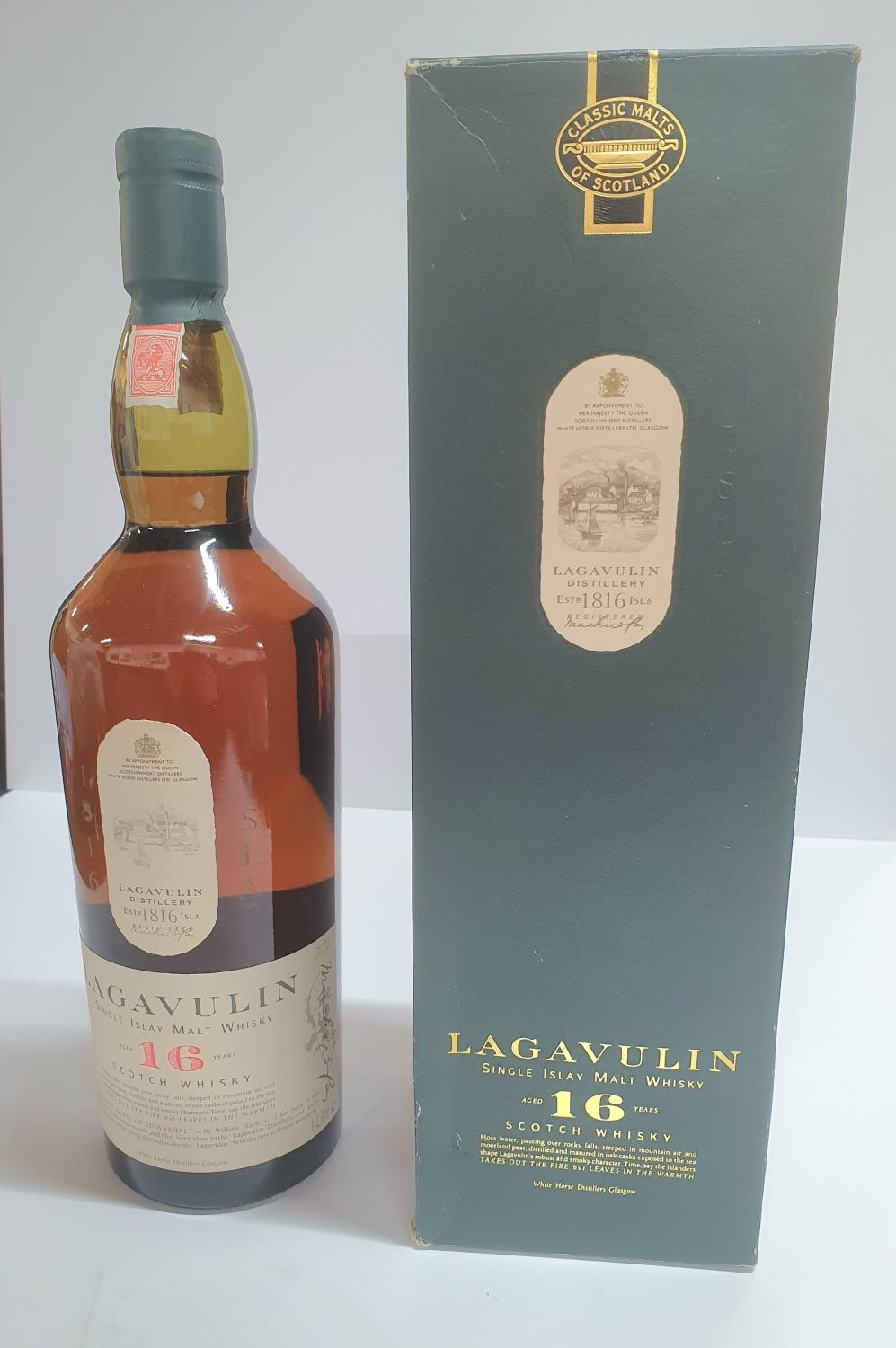 Boxed, Lagavulin 16 year old single malt whiskey 1 litre bottle, 43% vol - rare WHITE HORSE