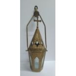 Antique ecclesial church lantern in gilded metal and etched glass, 57cm tall