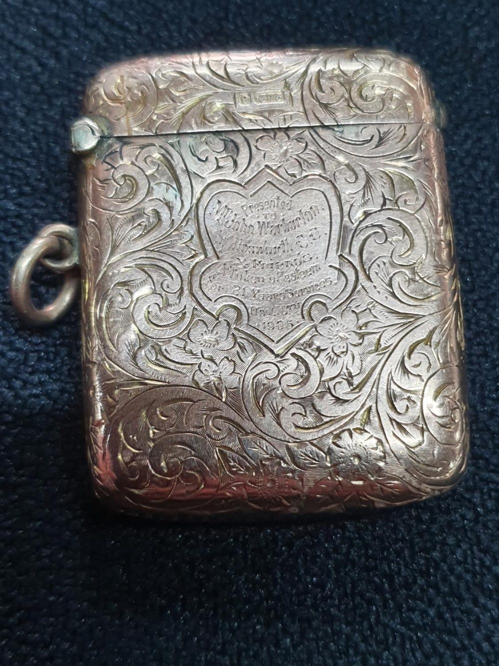 Extensively engraved with presentation area to front, 9ct Rose gold 1906 Vesta case made in - Image 2 of 5
