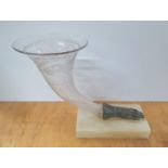 Victorian cornucopia etched glass vase with bronze hand on plinth