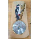 J. Rowlinson barometer with hand-painted woodpecker signed Ivor on english sycamore panel