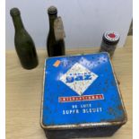 Vintage "camping gaz" tin and contents together with a cased emergency candle and two glass