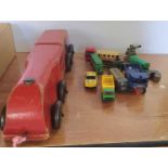 Old wooden pull-along train together with die cast cars and 2 die cast field guns etc