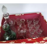 Collection of antique Victorian etched wine glasses, finely decorated green decanter together with