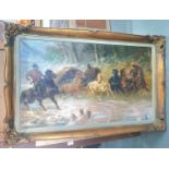Indistinctly monogrammed oil on relined canvas painting depicting an Arab caravan, label verso,