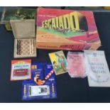 Escaldo board game, cased travel chess set and other items (Qty)