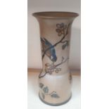 Fine quality, mid 20thC tubular vase decorated with birds eating berries, indistinct impressed