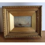 Small unsigned Victorian oil on panel depicting a Marine scene in a fine quality gesso frame
