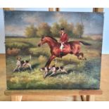 Indistinctly signed oil on wood panel depicting a huntsman and hounds in fine quality deep gilt