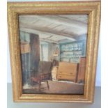 Small 19thC interior scene oil on board, signed in initials W H, framed, The oil measures 24 x 19cm