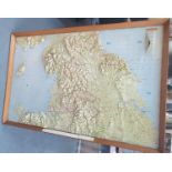 Large plastic 1970s framed 3D wall map of the north of England, 1 inch-6miles