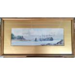 Frank Watson WOOD (1862-1953) 1910 watercolour "Hulks used as training ships" in original gilt frame