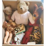 Box of old Teddy bears, dolls and a vintage Basil Brush stuff toy etc (Qty)