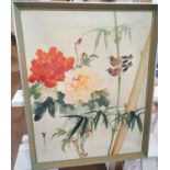 Chinese watercolour picture on canvas of birds on branch, signed and stamped, framed,