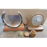 Mid 20thC lucky horseshoe letter rack, mantle piece barometer and a small brass antique magnifiyer