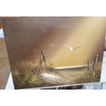 Indistinctly signed 1960s/70s oil on canvas laid onto board depicting seagulls over sand-dunes,