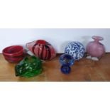 Collection of art glass items to include 1989 Malta glass, Mdina glass, mushroom paperweight etc (