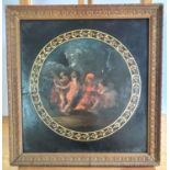 Unsigned oil on panel depicting a group of Putti round a fire in circular painted frieze, framed,