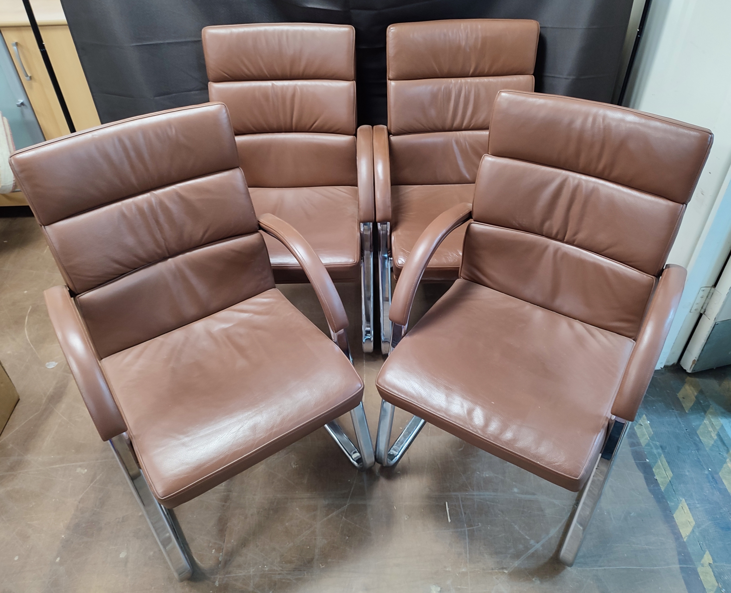 Hands, 2012, four contemporary retro brown leather and chrome chairs (4)