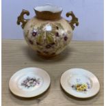 Two Royal Worcester saucers and a similar two-handled blush vase (3)
