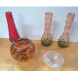 Five pieces of art glass including a Whitefriers and a Sabino pin dish (5)