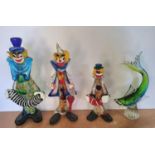 Three Murano glass clowns together with a Murano fish (4). Tallest clown 33cm