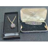 925 silver and marcasite and Amethyst bar brooch together with a 925 silver box chain and silver